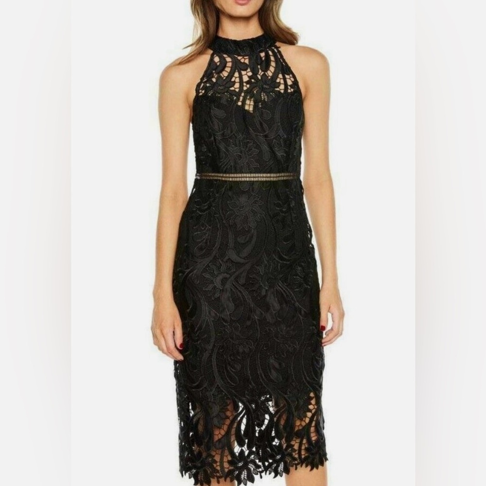 BARDOT Sz6/Sm ISA EMBROIDERED SLEEVELESS LACE STRETCH PENCIL DRESS BLACK
